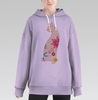 Кошка в винтажных цветах, Hoodie Long Oversize Fiolet
