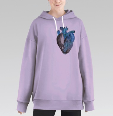 Акварельное сердце с космическими китами, Hoodie Long Oversize Fiolet