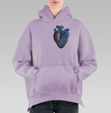 Акварельное сердце с космическими китами, Hoodie Oversize Fiolet, утепленная