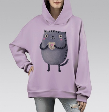 Кот I love to kill, Hoodie Mono Fiolet, оверсайз, утепленная