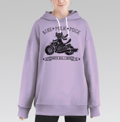 Кошка-байкер на мотоцикле в шарфе – стильный графический принт, Hoodie Long Oversize Fiolet