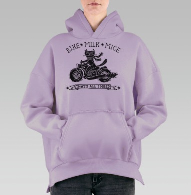 Кошка-байкер на мотоцикле в шарфе – стильный графический принт, Hoodie Oversize Fiolet, утепленная