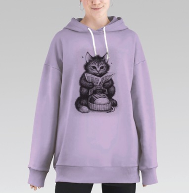 Черно-белый рисунок умного котенка с газетой, Hoodie Long Oversize Fiolet