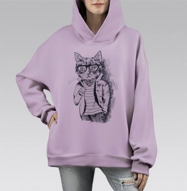 Стильный хипстерский кот в черно-белом рисунке, Hoodie Mono Fiolet, оверсайз, утепленная