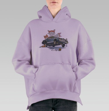 Ироничная иллюстрация с котами-лоурайдерами, Hoodie Oversize Fiolet, утепленная