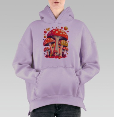 Яркая поп-сюрреалистичная иллюстрация мухоморов, Hoodie Oversize Fiolet, утепленная