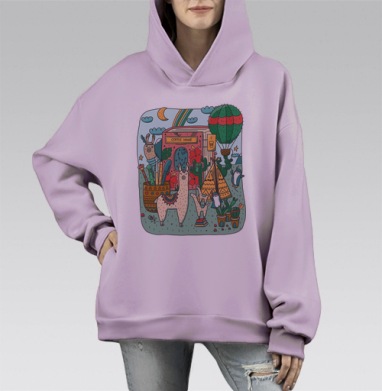 Ламы у кофейни в волшебном лесу, Hoodie Mono Fiolet, оверсайз, утепленная