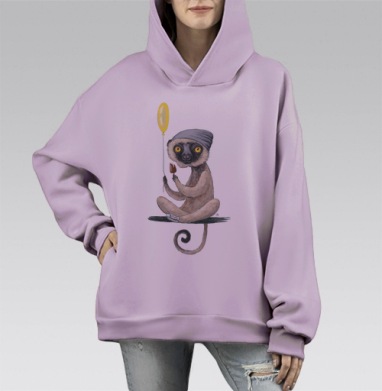 Лемур и мороженое, Hoodie Mono Fiolet, оверсайз, утепленная