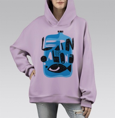 Декоративное панно «Учись быть одному» с рыбой в бутылке, Hoodie Mono Fiolet, оверсайз, утепленная