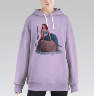 Цифровая иллюстрация русалки в бирюзовом стиле, Hoodie Long Oversize Fiolet