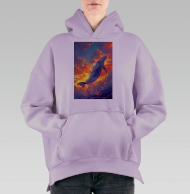 Летающий фэнтези кит в динамичном воздушном полёте, Hoodie Oversize Fiolet, утепленная