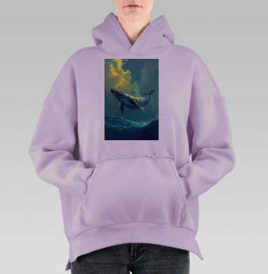 Летающий кит среди сияющего океана и облаков, Hoodie Oversize Fiolet, утепленная