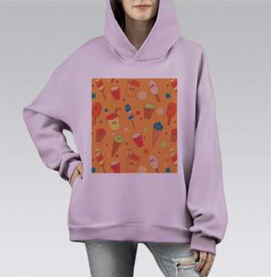 Паттерн мороженого в мультяшном стиле kawaii, Hoodie Mono Fiolet, оверсайз, утепленная
