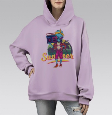 Яркий инопланетянин с бумбоксом и надписью OUT OF R, Hoodie Mono Fiolet, оверсайз, утепленная