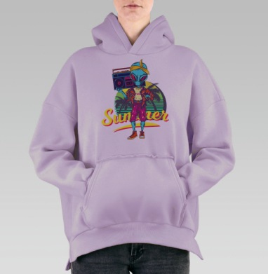 Яркий инопланетянин с бумбоксом и надписью OUT OF R, Hoodie Oversize Fiolet, утепленная