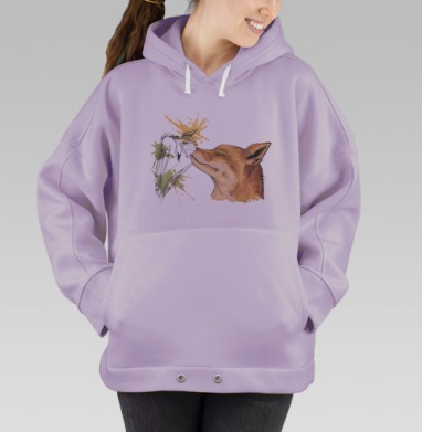Акварельный принт с лисой и цветком, Hoodie Oversize Fiolet