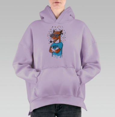 Лиса в очках выражающая удивление WTF, Hoodie Oversize Fiolet, утепленная