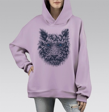 Лиственный тигр, Hoodie Mono Fiolet, оверсайз, утепленная