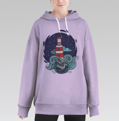 Стильный арт маяка с китом и волнами, Hoodie Long Oversize Fiolet