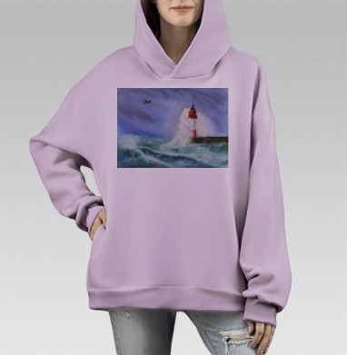 Маяк в шторме с парящей чайкой акварелью, Hoodie Mono Fiolet, оверсайз, утепленная