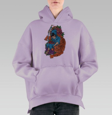 Самурай и тигр: мощь и гармония в японском стиле, Hoodie Oversize Fiolet, утепленная