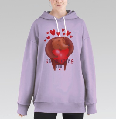Милый мультяшный ёж с сердцем и надписью любви, Hoodie Long Oversize Fiolet