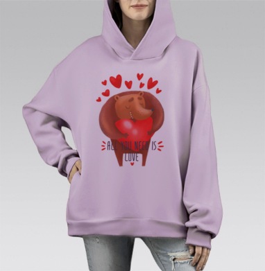 Милый мультяшный ёж с сердцем и надписью любви, Hoodie Mono Fiolet, оверсайз, утепленная