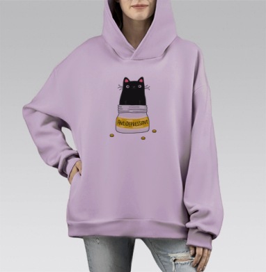 Милый кот-«антидепрессант» в банке, Hoodie Mono Fiolet, оверсайз, утепленная