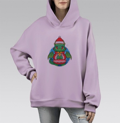 Милый зелёный дракон с подарком в зимней шапке, Hoodie Mono Fiolet, оверсайз, утепленная