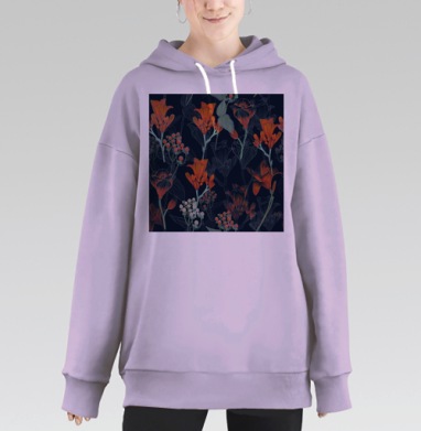 Элегантный ботанический принт цветов и ягод, Hoodie Long Oversize Fiolet
