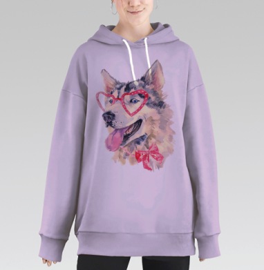 Акварельная картина Хаски в очках с бантом, Hoodie Long Oversize Fiolet