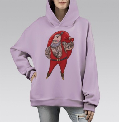 Современный Санта с тату в красном мешке, Hoodie Mono Fiolet, оверсайз, утепленная
