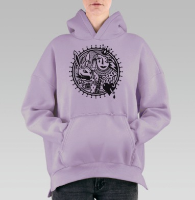 Монохромная иллюстрация с тройным глазом кроликами и сердцем, Hoodie Oversize Fiolet, утепленная