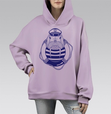 Морж в капитанской фуражке на фоне синих полос морж в капитанской фуражке, Hoodie Mono Fiolet, оверсайз, утепленная