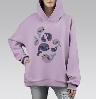 Мультяшные нарвалы на сером фоне, Hoodie Mono Fiolet, оверсайз, утепленная