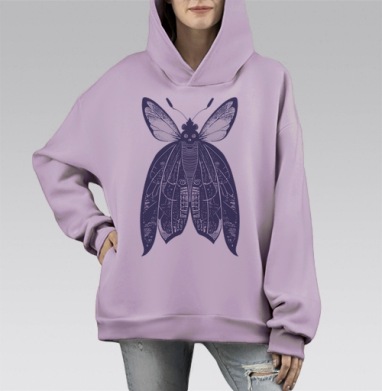 Мистическая бабочка «Мёртвая голова» в стиле линогравюры, Hoodie Mono Fiolet, оверсайз, утепленная