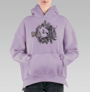 Венок из бабочек и мотыльков с листьями, Hoodie Oversize Fiolet, утепленная