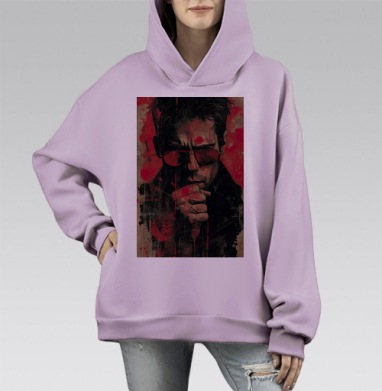 Мужчина в очках с кулаком у рта в красно черных тонах, Hoodie Mono Fiolet, оверсайз, утепленная