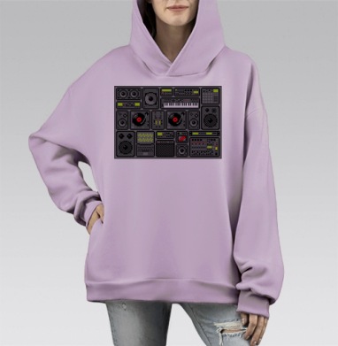 Пиксельный коллаж аудиотехники 80-90-х, Hoodie Mono Fiolet, оверсайз, утепленная