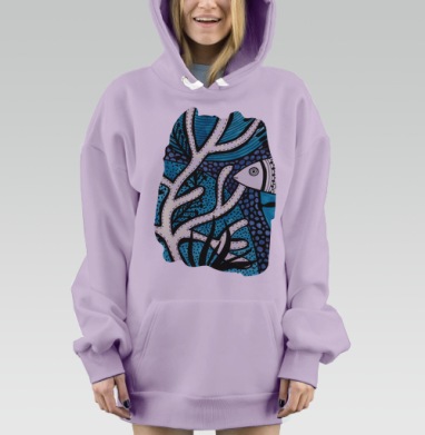 Гармония подводного мира с рыбкой и кораллами, Hoodie Mjhigh Dig Mel, Fiolet, утепленная