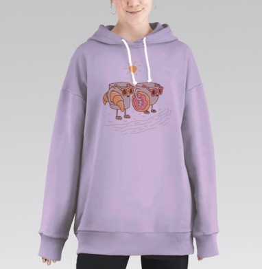 Веселая пара кружек на пляже с завтраком, Hoodie Long Oversize Fiolet