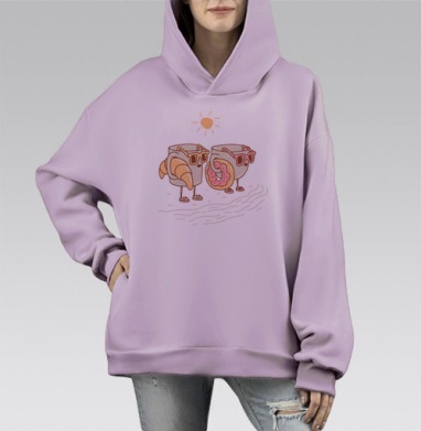 Веселая пара кружек на пляже с завтраком, Hoodie Mono Fiolet, оверсайз, утепленная