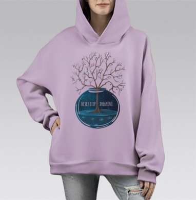 Дерево мечты в стеклянном шаре с небом и рыбами, Hoodie Mono Fiolet, оверсайз, утепленная