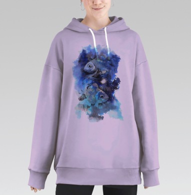 Акварельные рыбы в мистическом синем водовороте, Hoodie Long Oversize Fiolet