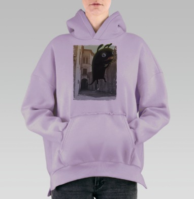 Черный мультяшный персонаж на старой стене, Hoodie Oversize Fiolet, утепленная