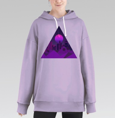Ночной ретровейв город в неоне и треугольнике, Hoodie Long Oversize Fiolet