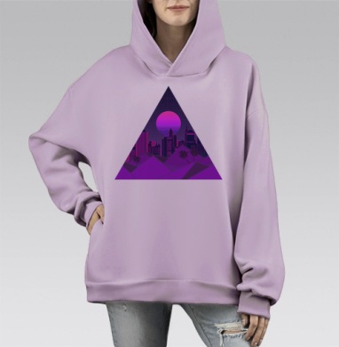 Ночной ретровейв город в неоне и треугольнике, Hoodie Mono Fiolet, оверсайз, утепленная