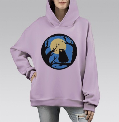 Ночное существо сова на ветке под луной CAVABUNGA, Hoodie Mono Fiolet, оверсайз, утепленная