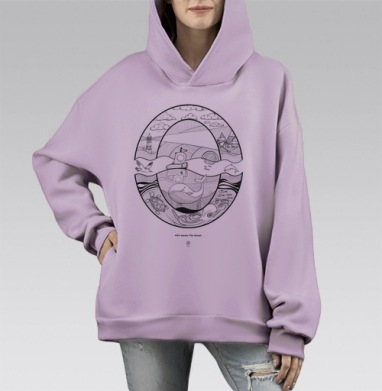 Цикл жизни океана в изысканной графике, Hoodie Mono Fiolet, оверсайз, утепленная