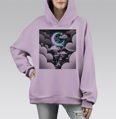 Девушка на качелях в небе на полумесяце, Hoodie Mono Fiolet, оверсайз, утепленная